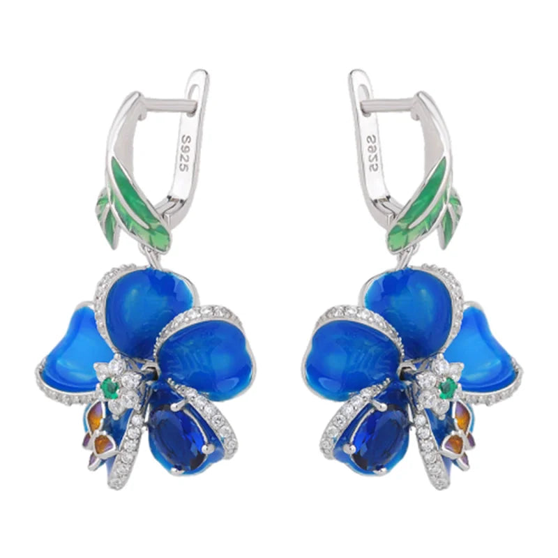 Blue enamel flower dangle earrings in 925 sterling silver by HSF Marketplace