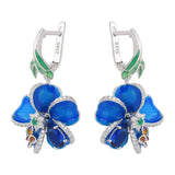 Blue enamel flower dangle earrings in 925 sterling silver by HSF Marketplace
