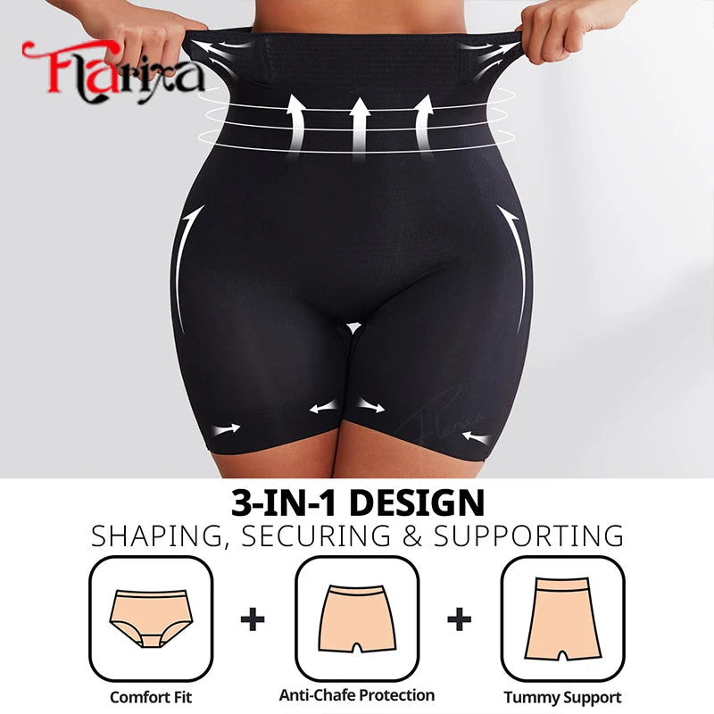 Flarixa ultra-thin ice silk high-waist shapewear panties and safety shorts for women, black flat lay