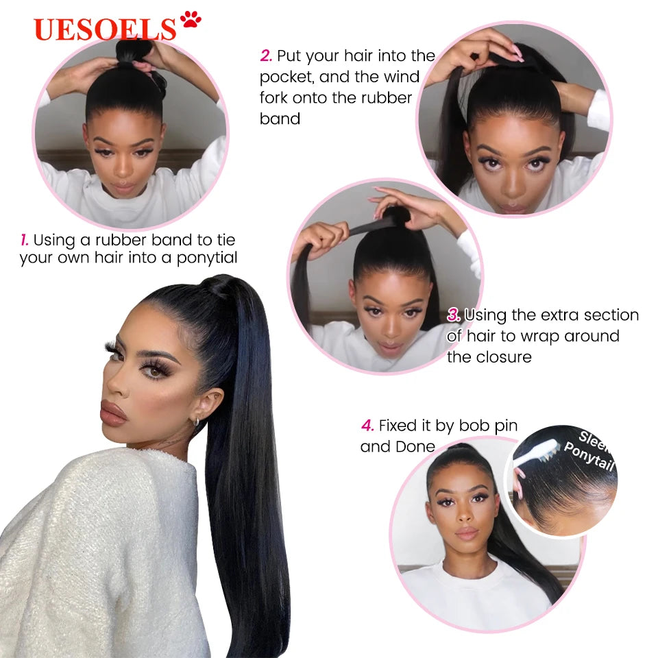 Long straight Remy human hair wrap-around ponytail extension in natural color by HSF Marketplace