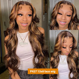 Highlight Body Wave Human Hair Wig with 13x6 HD lace frontal, black brown blonde ombre color, 30-36 inch length from HSF Marketplace.