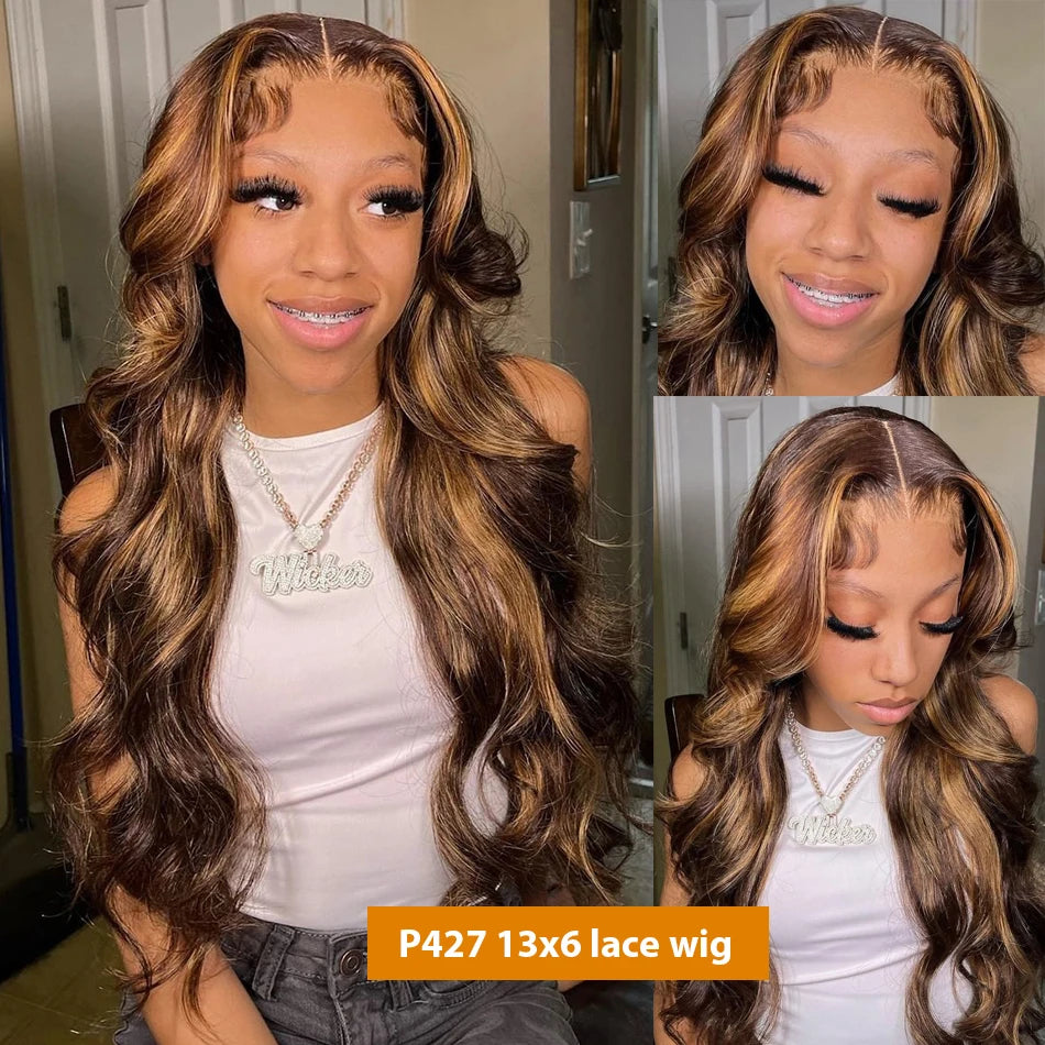 Highlight Body Wave Human Hair Wig with 13x6 HD lace frontal, black brown blonde ombre color, 30-36 inch length from HSF Marketplace.