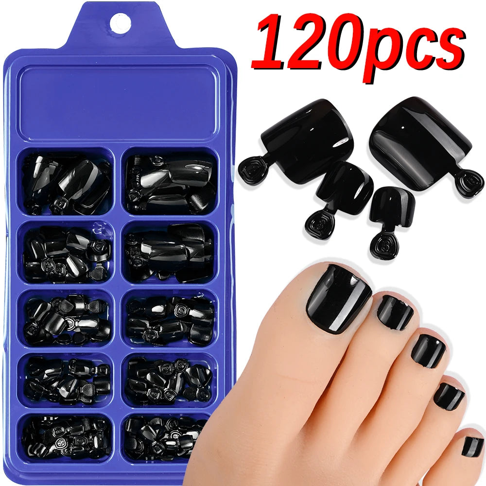 HSF Marketplace pink French tip press-on toenails, square short false toe nails with glossy finish, 120-piece set