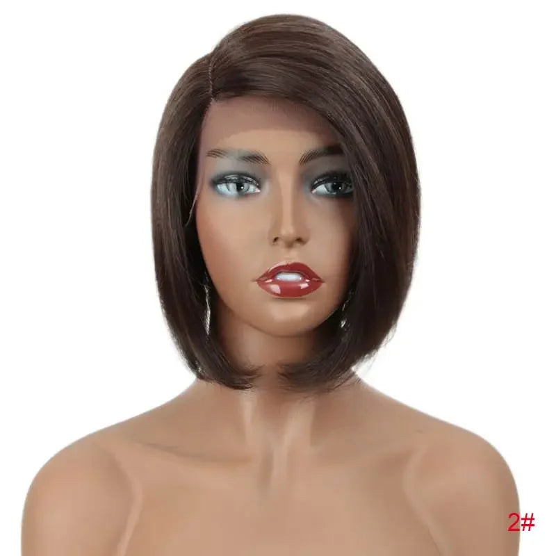 Straight human hair lace front bob wig with short, sleek style, natural part, crafted by HSF Marketplace.