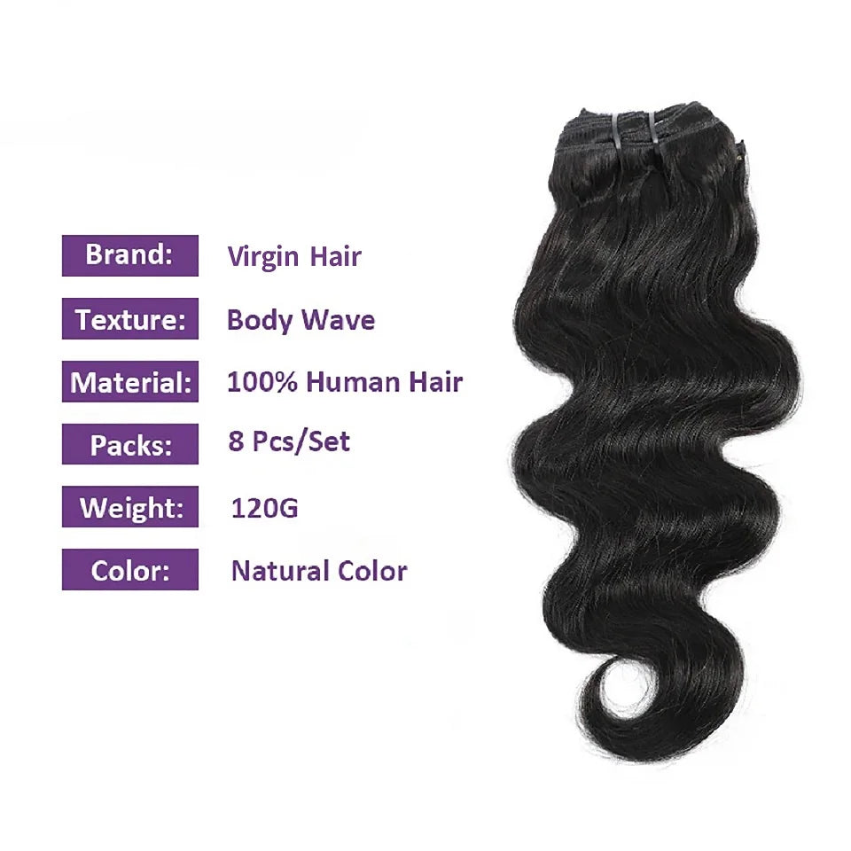 HSF Marketplace Brazilian human hair body wave clip-in extensions, 8-piece set with 20 clips, 8–24 inch lengths