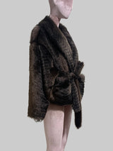 Women's oversized dark brown gradient faux mink fur coat with shawl collar and sash belt by Nerazzurri