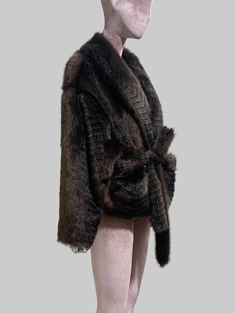 Women's oversized dark brown gradient faux mink fur coat with shawl collar and sash belt by Nerazzurri