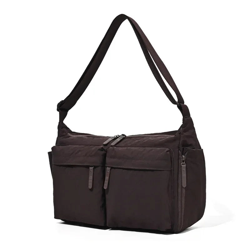 Stylish HSF Marketplace nylon multi-pocket messenger bag for women, black handbag with adjustable strap