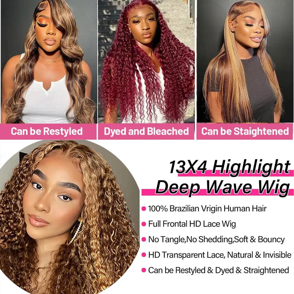 36 Inch P4/27 Honey Blonde Highlight Deep Wave Lace Frontal Wig 200 Density 13x4 13x6 HD Transparent Lace Brazilian Colored Human Hair Pre Plucked Natural Hairline For Women
