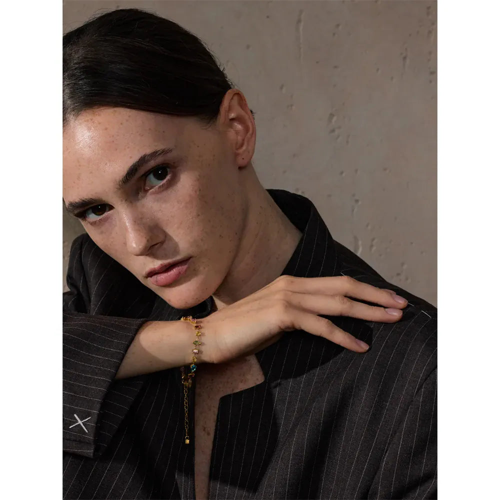 Yhpup Waterproof Gift Delicate Colorful Luxury Cubic Zirconia Chain Chic Bracelet Bangle Women Stainless Steel Wrist Jewelry