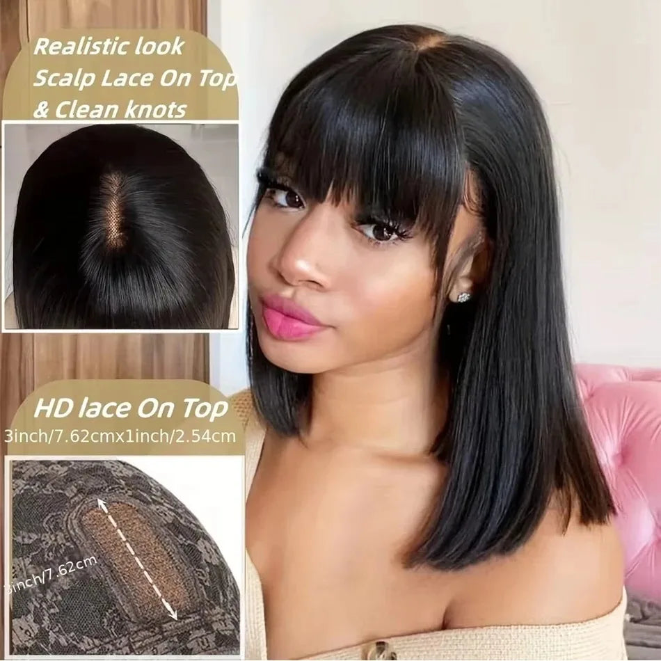 Short straight bob human hair wig with bangs, 3x1 lace middle part, full machine-made, natural black wig