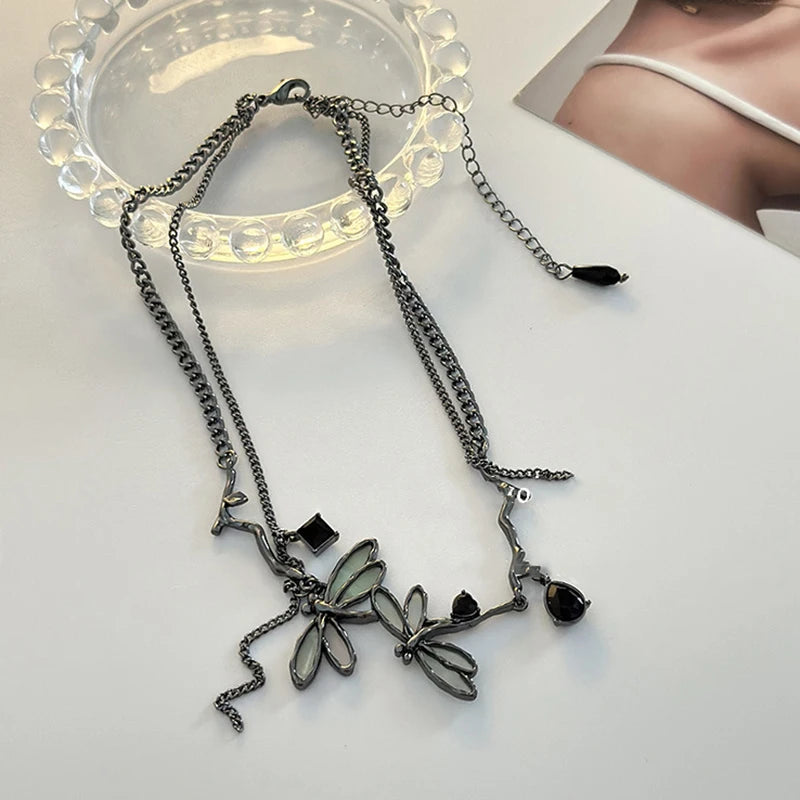 Gothic black dragonfly necklace with tassels for women by HSF Marketplace