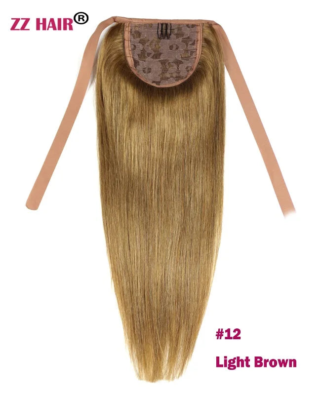 ZZHAIR Brazilian Remy human hair ribbon ponytail, 16-20 inch natural straight horsetail clip-in, 60g