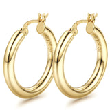 14K chunky gold plated hoop earrings with 925 sterling silver posts, hollow tube design, 4mm thick and lightweight