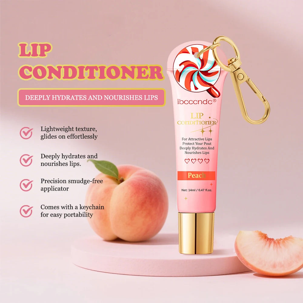 Set of HSF Marketplace lip glosses with peach fragrance, moisturizing and plumping, featuring a keychain, perfect for Christmas gift.