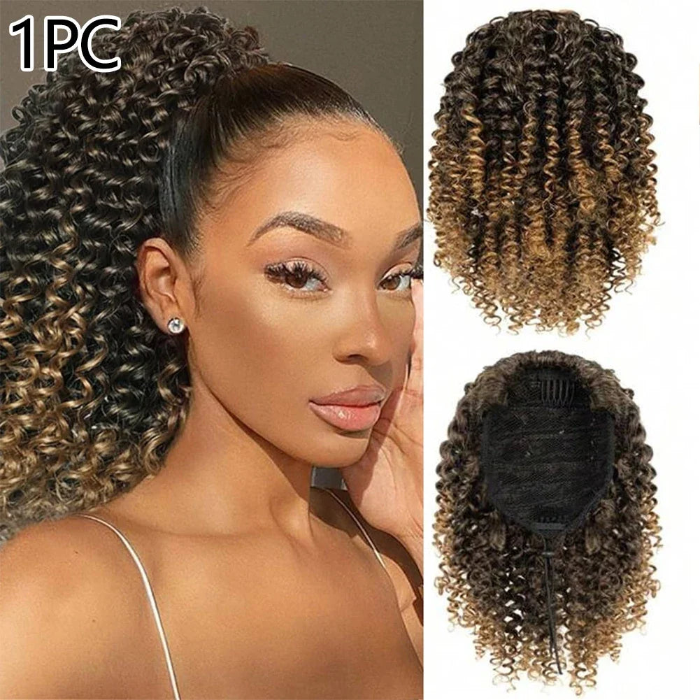 HSF Marketplace Brazilian kinky curly human hair drawstring ponytail clip-in extension in Remy hair texture