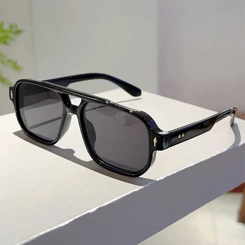 Vintage double bridges square sunglasses by HSF Marketplace with rivets, ocean lenses, UV400 protection, for women.