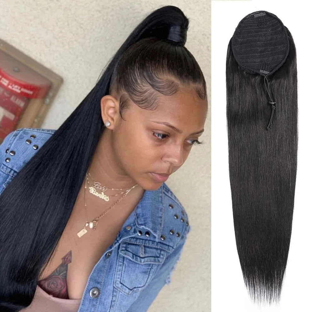 Straight unprocessed Brazilian human hair drawstring ponytail extension for Black women by HSF Marketplace
