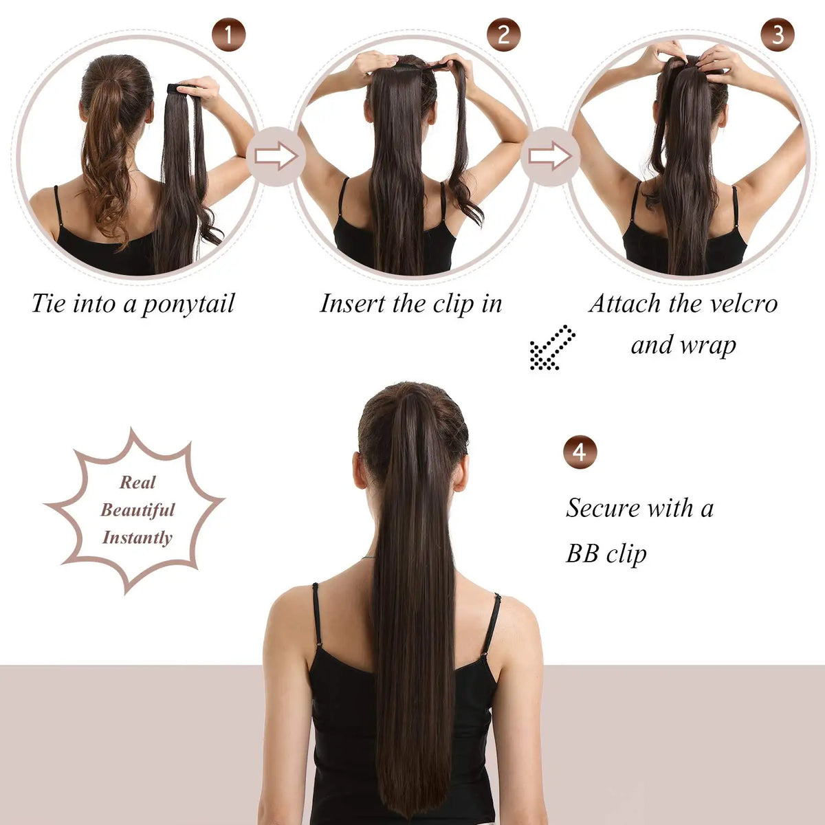 Ponytail human hair clip-in extension wrap-around hairpiece in natural black, brown, or blonde shades