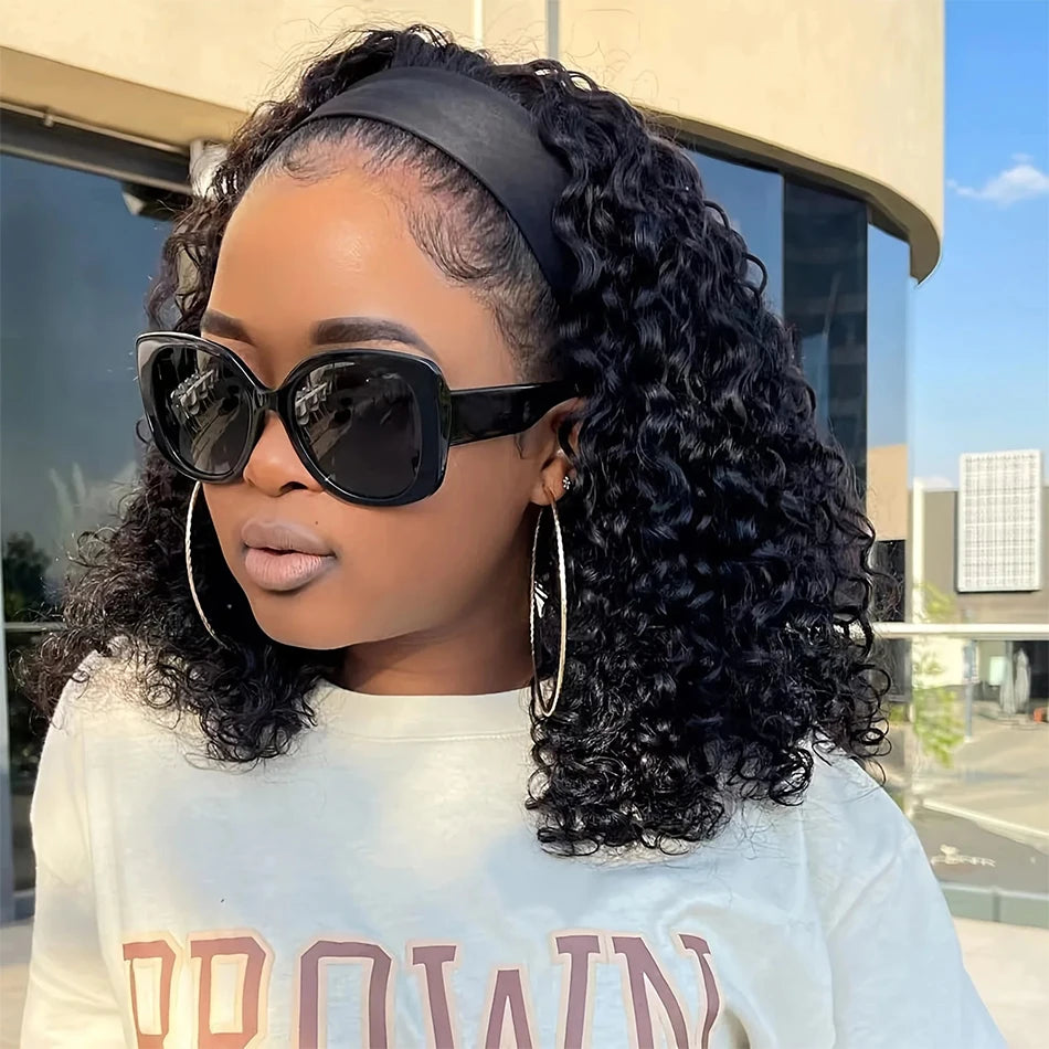 Brazilian kinky curly human hair headband wig, short bob, glueless water wave style for women