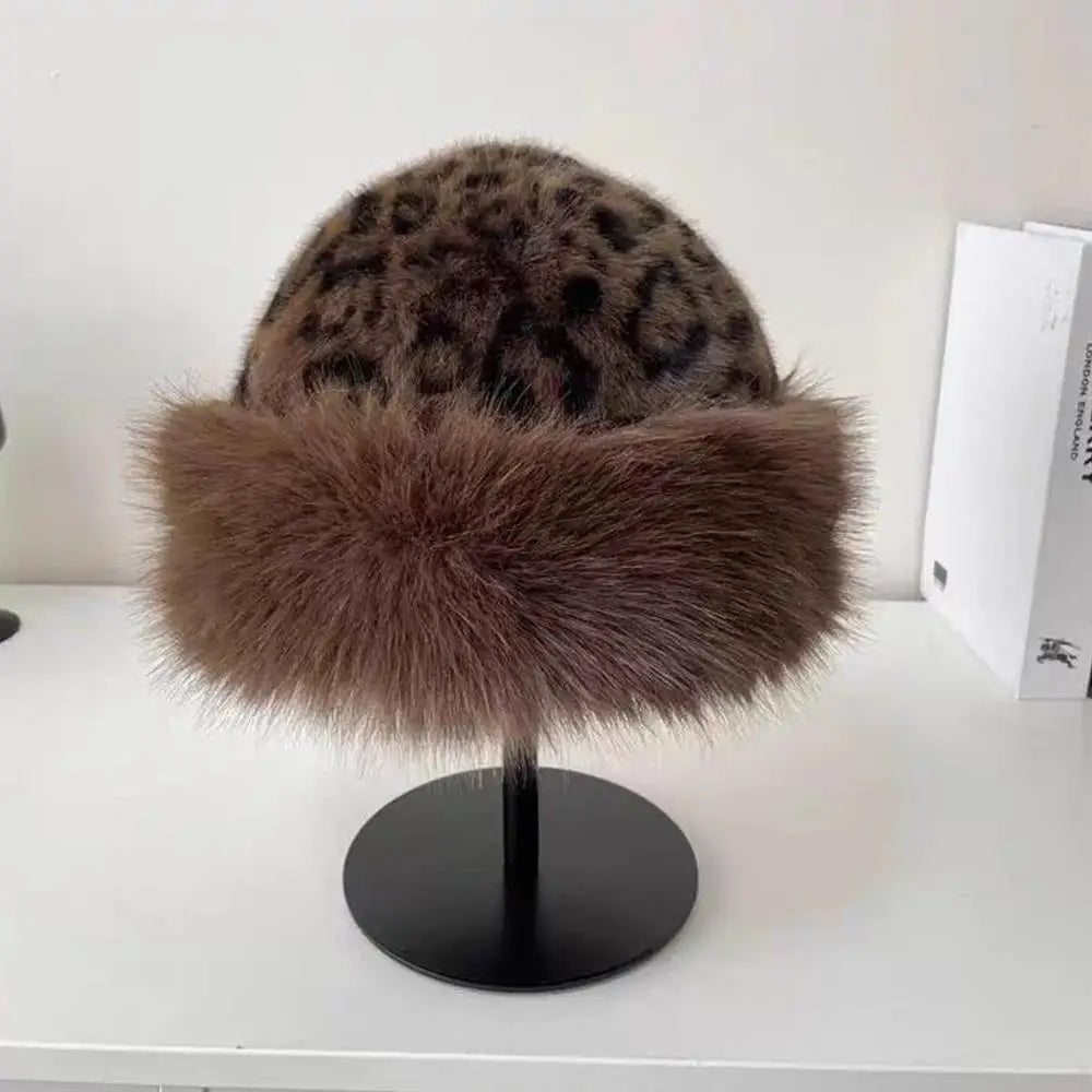 Women's leopard print faux fur fisherman hat, thick winter windproof warm headgear with Russian-style design