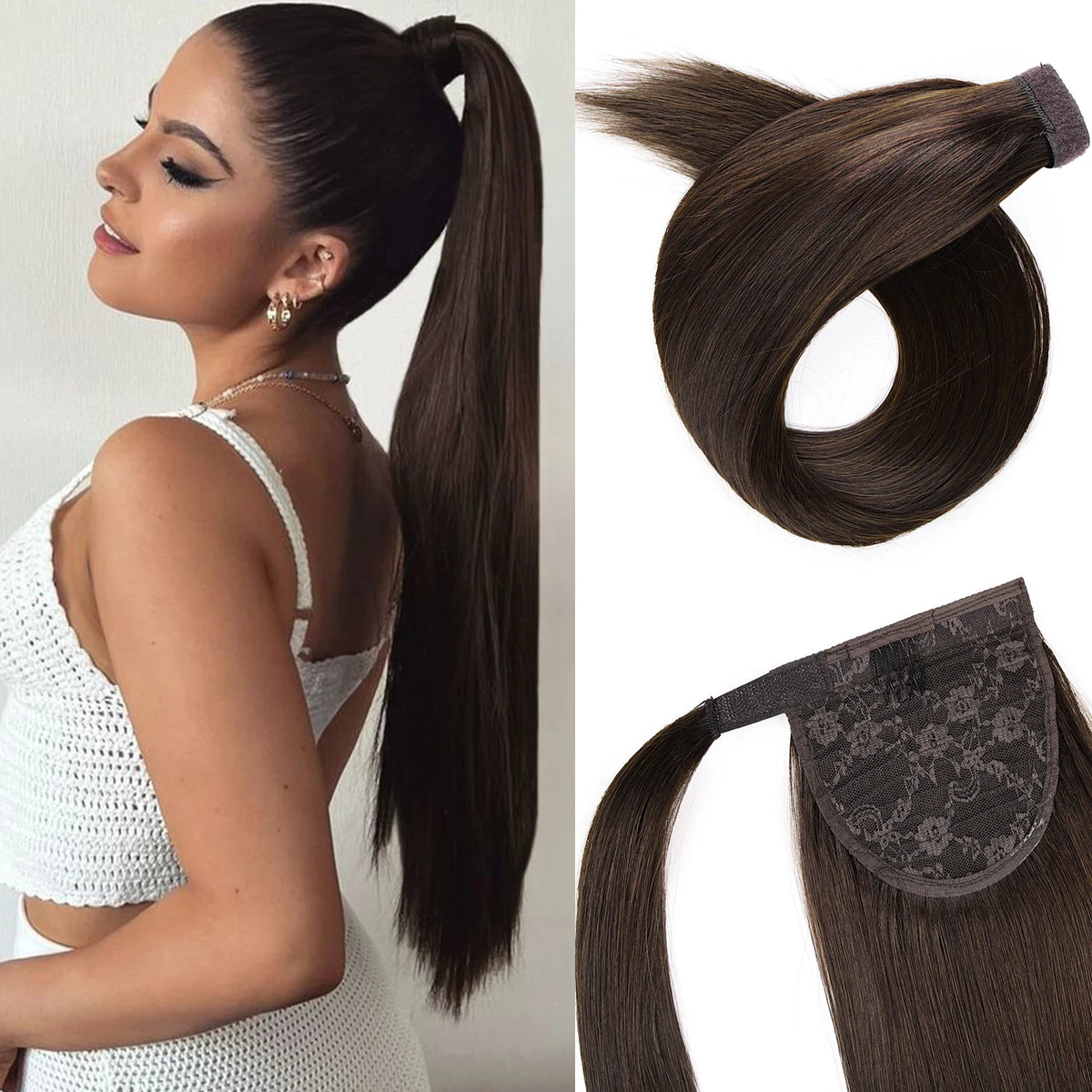 Straight human hair wrap-around ponytail extension with clip for women, HSF Marketplace