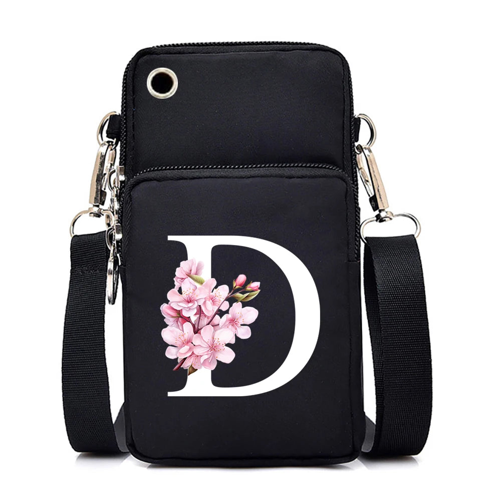 HSF Marketplace Sakura alphabet graphics small crossbody bag for women with floral letters, mobile phone pocket, and stylish lady purse design.