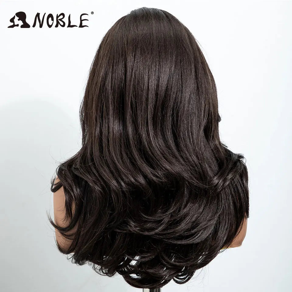 NOBLE 13x4 Synthetic Lace Front Wig 30 Inch Dark Brown Layered Fluffy Wavy Wig Pre Plucked Hairline Heat Resistant Wig For Wome