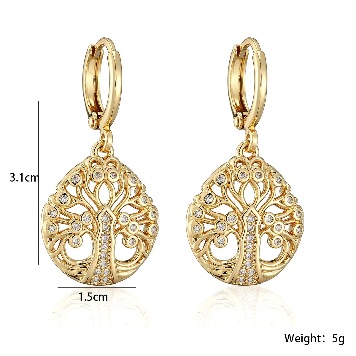 Gold color life tree drop earrings with clear CZ stones for women, HSF Marketplace