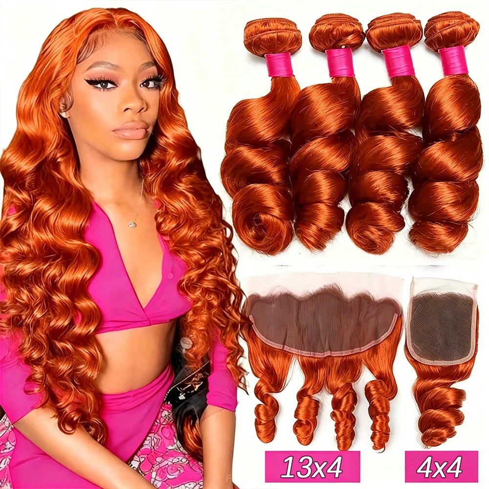 350 Ginger Loose Wave Human Hair Bundles With 4x4 5x5 6x6 HD Transparent Lace Closure Frontal HD Raw Virgin Hair Bundle Hair Ext