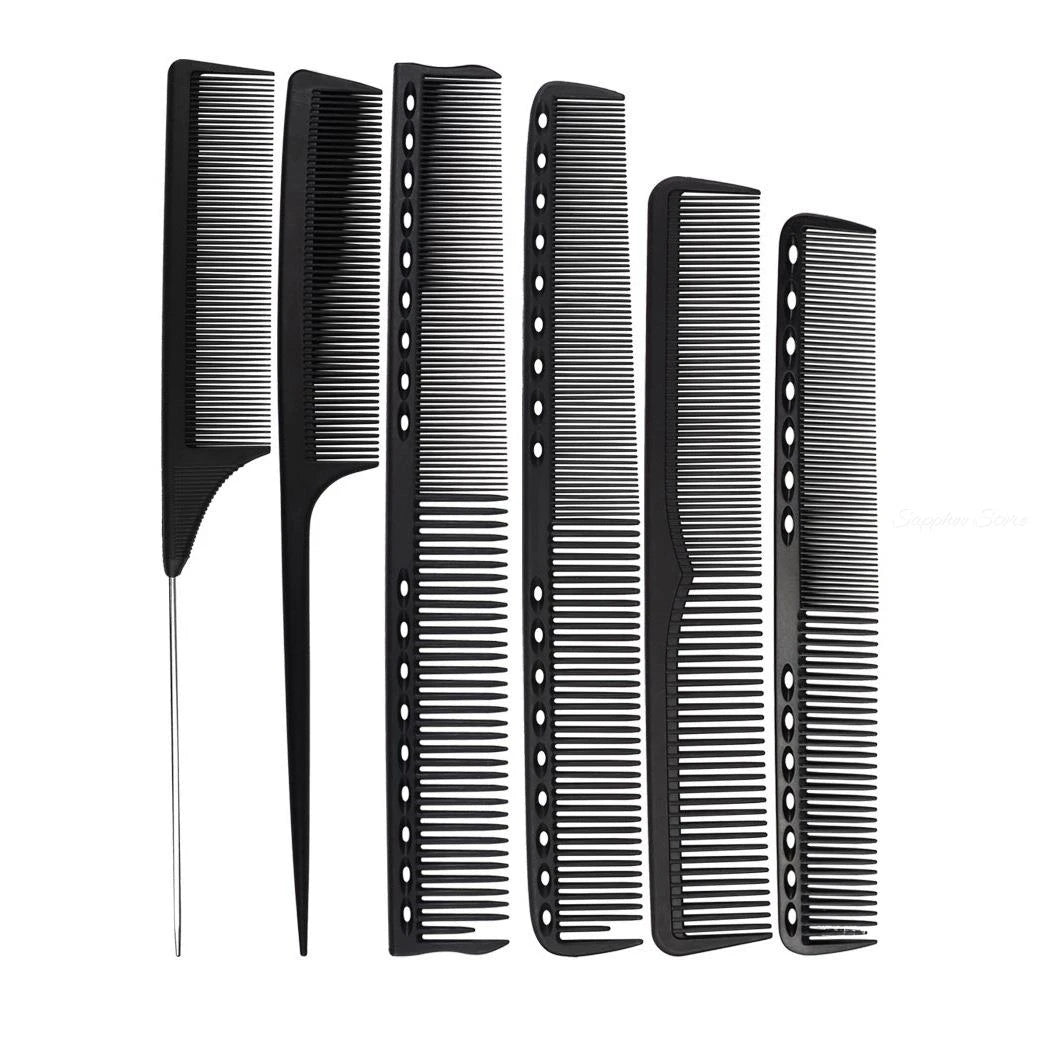 Black carbon professional hairdresser comb with double-sided design, heat resistant, antistatic, ideal for salon barber styling.