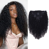 Curly clip-in human hair extensions, kinky curly Brazilian Remy hair, natural color, 8-piece full head set