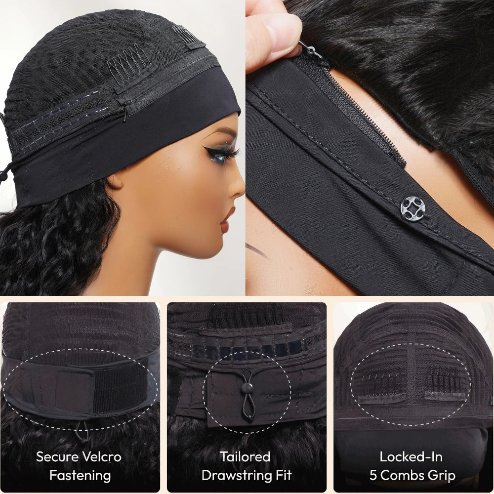 UNice 2-in-1 water wave human hair headband wig and half wig with switch, shown on model