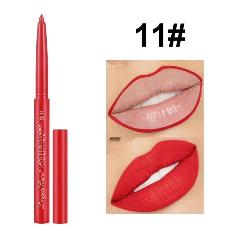 Waterproof matte lipliner pencil in sexy red with smooth contour, moisturizing, long-lasting lipstick, shown with other color options.