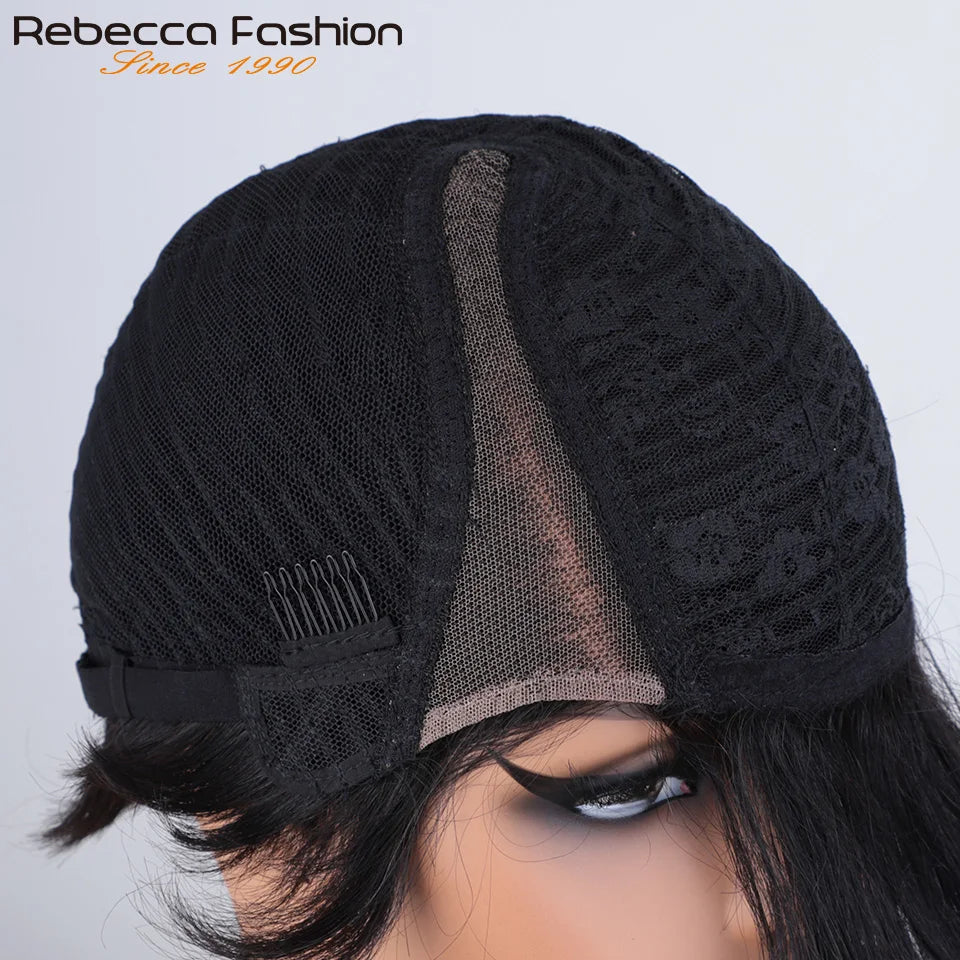 Straight Rebecca short bob pixie wig with transparent lace front, preplucked Brazilian human hair, for women, wear-and-go style