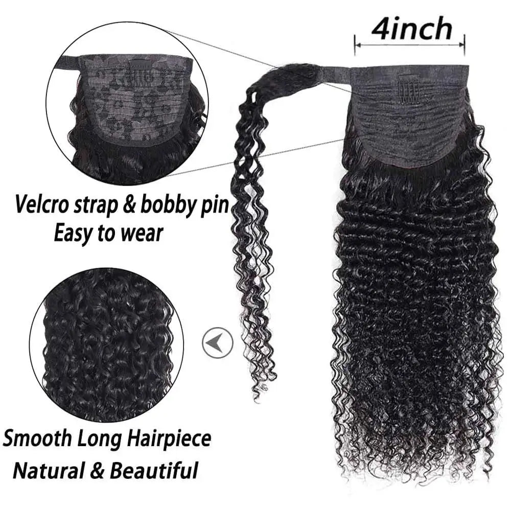 Water wave wrap-around ponytail extensions in natural black Brazilian human hair with clip-in attachment