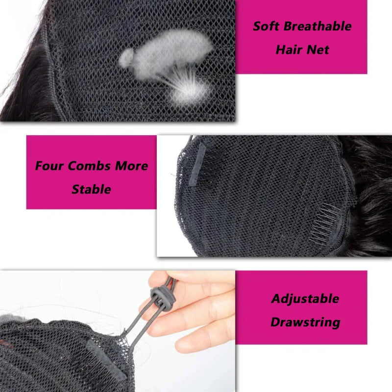 Ponytail human hair body wave drawstring extension, natural black wrap-around clip-in, 16-26 inches