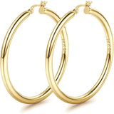 14K chunky gold plated hollow tube hoop earrings, 4mm thick, lightweight large hoops with 925 sterling silver posts