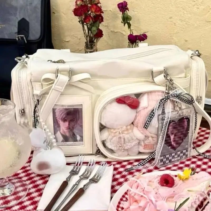 Y2K New Bow Ita shoulder handbag by HSF Marketplace, transparent comic-style crossbody bag with large capacity and cute DIY design.