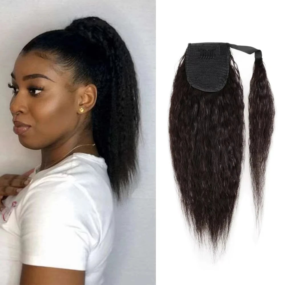 Kinky straight Brazilian Remy human hair wrap-around ponytail extension in natural color for women
