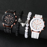 4PCS/Set Geneva Couple Watch Fashion Silicone Band Quartz Wrist Watches Magnetic Heart Beads Bracelets Set