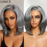 Salt and pepper wavy bob human hair wig by HSF Marketplace in a layered, natural-looking style