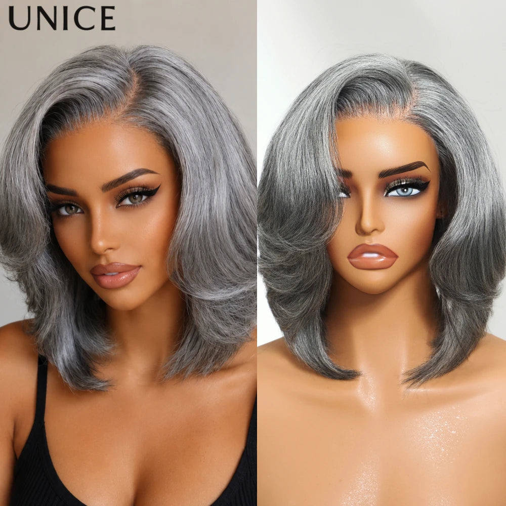 Salt and pepper wavy bob human hair wig by HSF Marketplace in a layered, natural-looking style