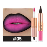 Red and black waterproof lipstick and lip liner set with purple rose design, matte finish, tapered contour pencil for makeup and beauty.