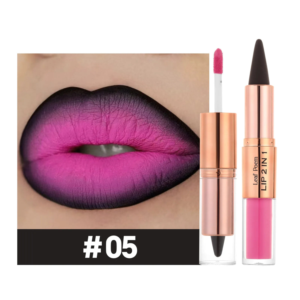 Red and black waterproof lipstick and lip liner set with purple rose design, matte finish, tapered contour pencil for makeup and beauty.