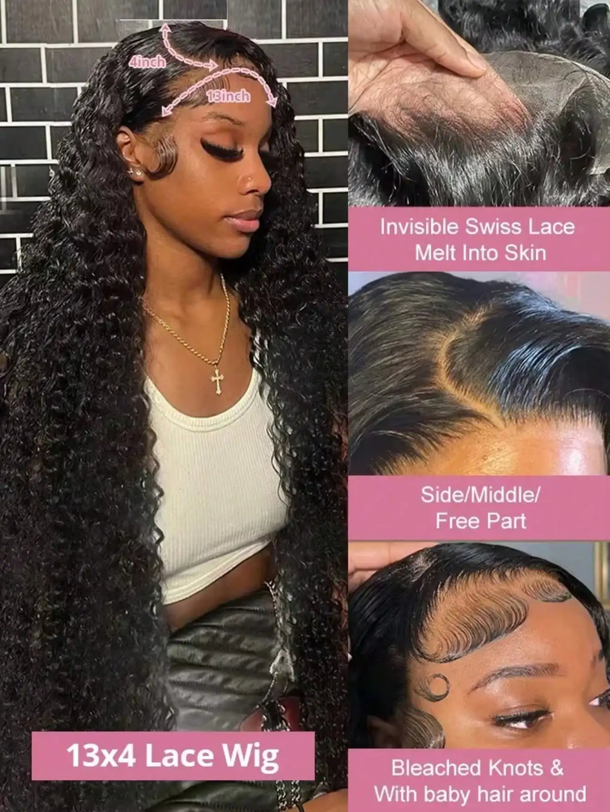 250% 13x6 HD Lace Front Wig Pre Plucked Pre Bleached Transparent Lace Frontal Wig with Baby Hair Deep Curly Wave Human Hair Wigs