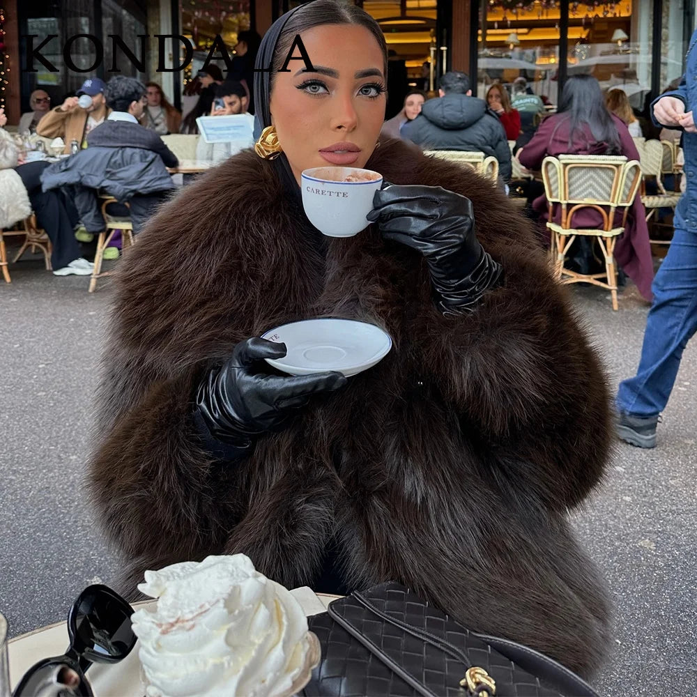 Women's brown faux fur warm jacket by HSF Marketplace for elegant casual style