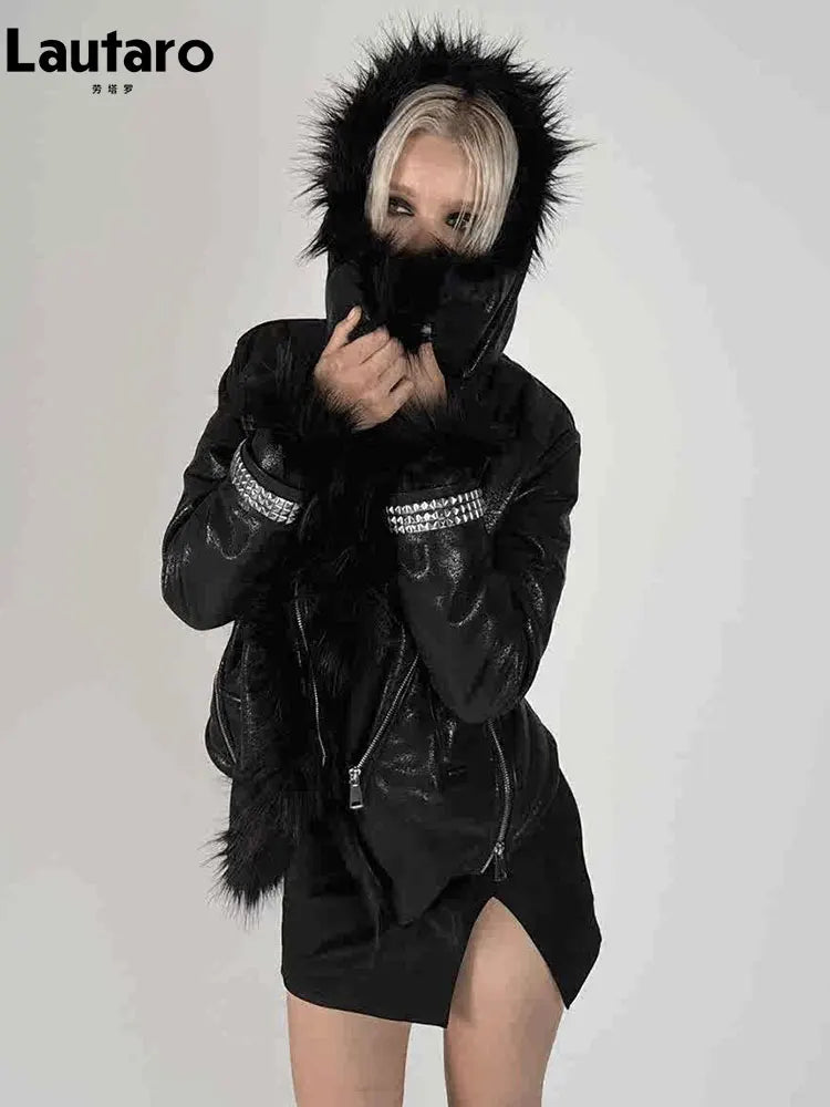 Lautaro women's black faux sheepskin coat, thick warm soft shaggy fluffy jacket with a luxurious winter design