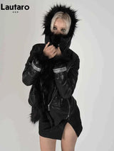 Lautaro women's black faux sheepskin coat, thick warm soft shaggy fluffy jacket with a luxurious winter design