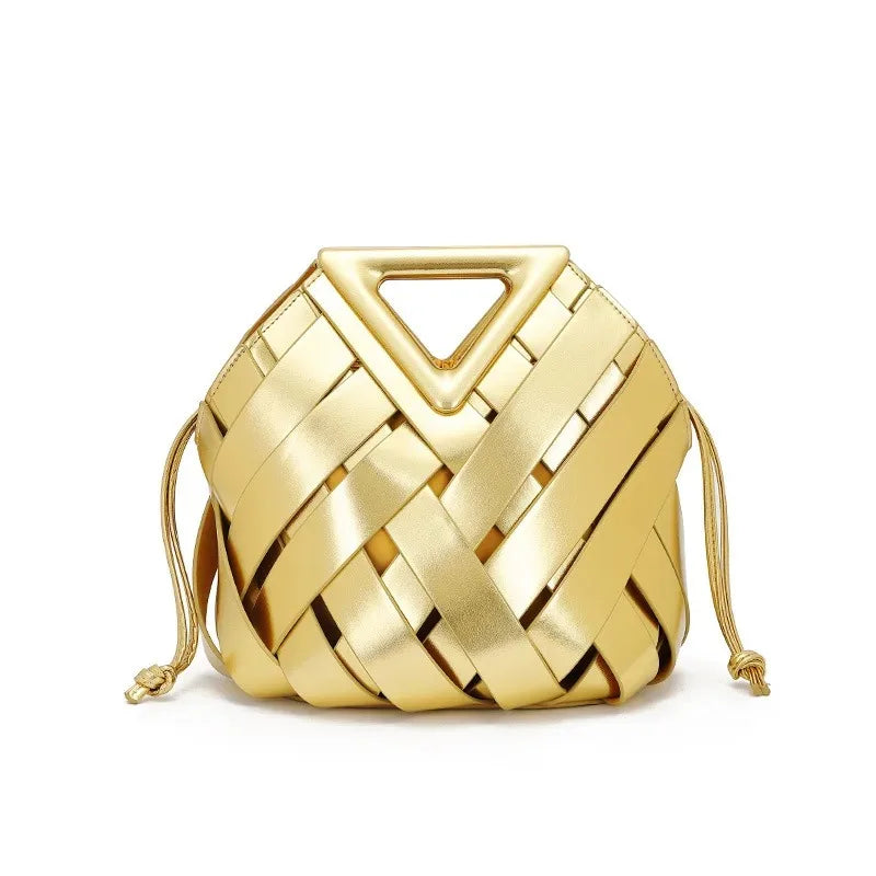 Trendy vegan leather woven tote bag for women with top handle, crossbody strap, in fashionable design, by HSF Marketplace.